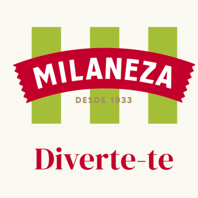 Logótipo MILANEZA em vermelho com barras verdes, texto 'DESDE 1933' e 'Diverte-te' num fundo bege.