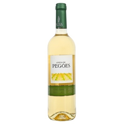 Garrafa de vinho branco Adega de Pegões com rótulo branco e verde