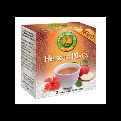Caixa de chá Hibisco & Maçã com 10 saquetas, cor laranja, imagens de hibisco e maçã.