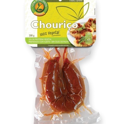 Embalagem de chouriço vegetal vegano, 200g, marca CEM PORCENTO NATURAL