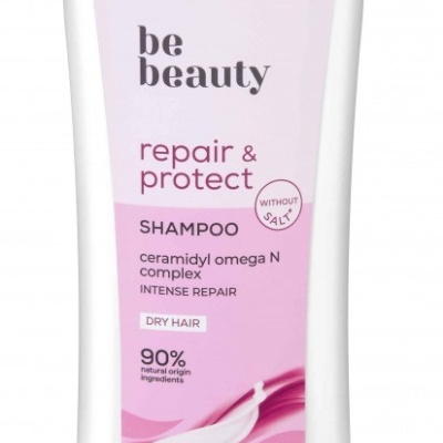 Frasco de champô be beauty repair & protect para cabelo seco com tampa rosa e corpo branco