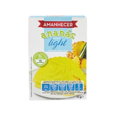 Gelatina Amanhecer Ananás Light 31g com imagem de gelatina amarela e pedaços de ananás