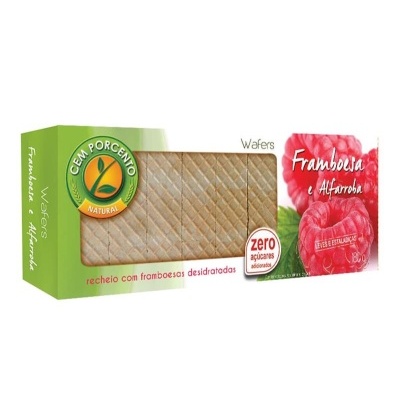 Embalagem de wafers com recheio de framboesa e alfarroba e selo natural