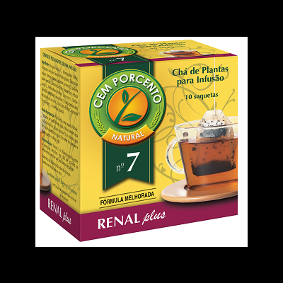 Pacote amarelo de chá CEM PORCENTO NATURAL RENAL plus com imagem de chá num copo