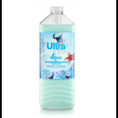 Garrafa de amaciador de roupa Ultra Aqua azul claro com etiqueta marinha.