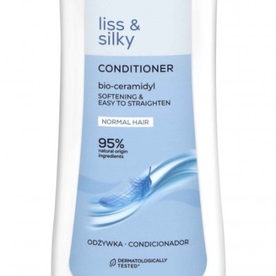 Frasco de condicionador be beauty liss & silky branco e azul com texto