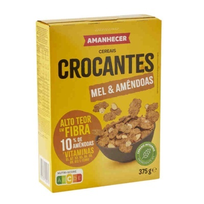 Caixa de cereais Amanhecer Crocantes Mel & Amêndoas 375g amarela com texto e imagem de cereais