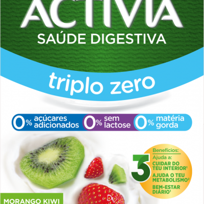 Embalagem de iogurte Activia triplo zero sabor morango kiwi, Danone, texto sobre benefícios e composição