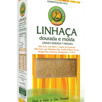 Embalagem de linhaça dourada e moída da marca Cem Porcento