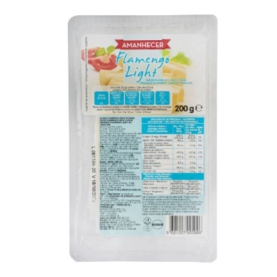 Queijo Flamengo Light fatiado Amanhecer em embalagem plástica transparente com rótulo informativo
