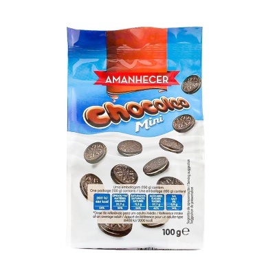 Pacote de biscoitos Amanhecer Chococo Mini com ilustração de biscoitos de chocolate