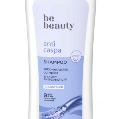 Frasco de champô anti-caspa be beauty com tampa azul e etiqueta azul clara