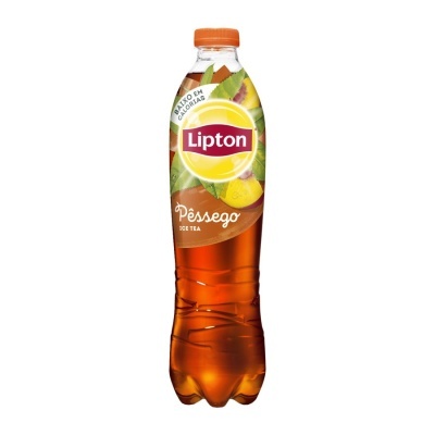 Garrafa de chá gelado Lipton sabor Pêssego com tampa laranja e rótulo colorido