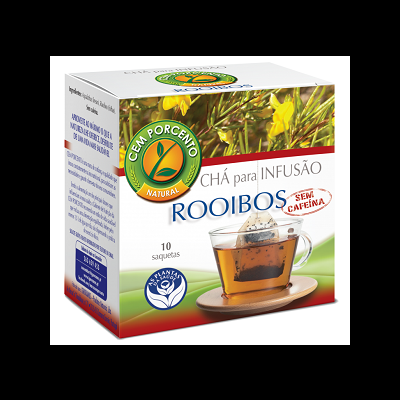 Embalagem de chá Rooibos com 10 saquetas, rótulo natural e sem cafeína