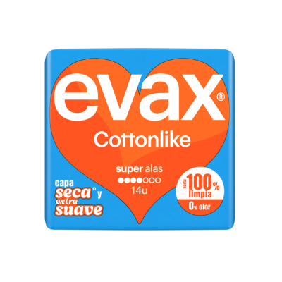Embalagem azul de pensos higiénicos Evax Cottonlike super alas 14 unidades