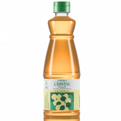 Garrafa plástica de vinagre de vinho branco Cristal Original com tampa verde e rótulo branco e verde