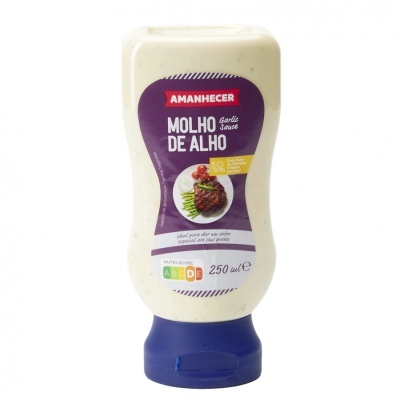 Frasco de molho de alho da AMANHECER com tampa azul e rótulo roxo