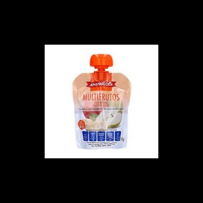 Embalagem sachete AMANHECER multifrutos com tampa laranja e frutas na imagem