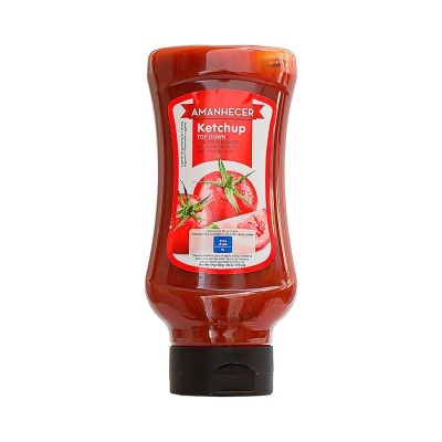 Garrafa de ketchup Amanhecer Top Down com rótulo vermelho e tampa preta