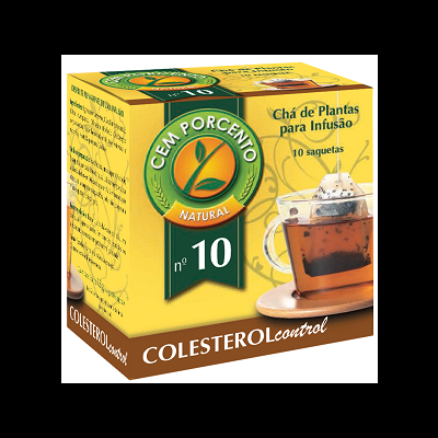 Embalagem amarela de chá 'Cem Porcento Natural nº 10' com 10 saquetas