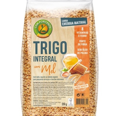 Pacote de trigo integral com mel 250g em embalagem transparente com rótulo