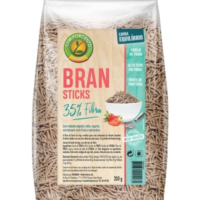 Pacote de Bran Sticks com 35% fibra, 250g, embalagem transparente