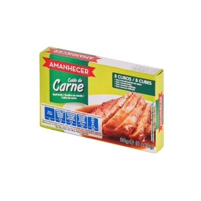 Caixa de cubos de caldo de carne Amanhecer verde e amarela com imagem de carne.