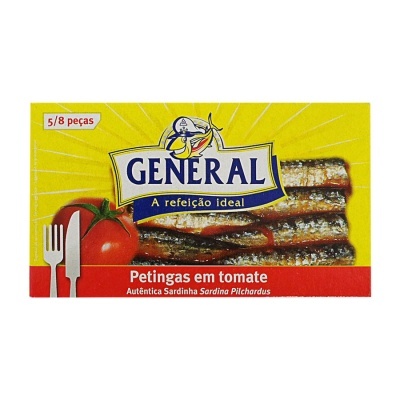 Lata de petingas em tomate marca General com embalagem amarela e vermelha