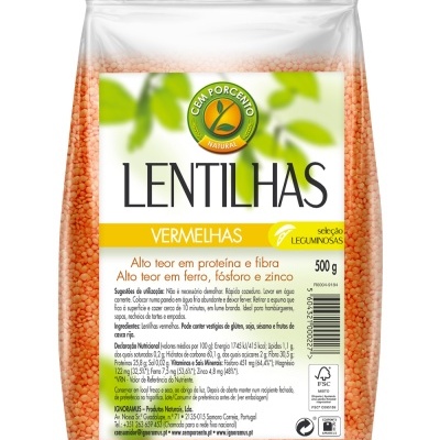 Pacote de lentilhas vermelhas Cem Porcento Natural, 500g, com texto informativo em português