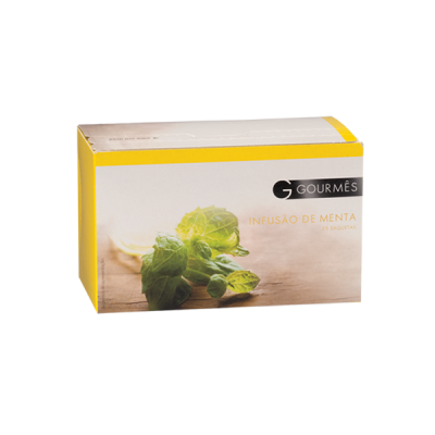Caixa de chá GOURMÉS Infusão de Menta com folhas de hortelã na embalagem branca e amarela