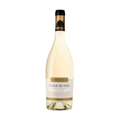 Garrafa de vinho branco Carvalhais Duque de Viseu com rótulo branco e dourado