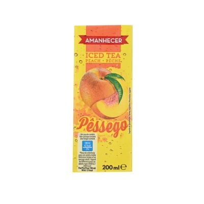 Caixa amarela de sumo Amanhecer Iced Tea sabor Pêssego 200 ml com imagem de pêssego e texto