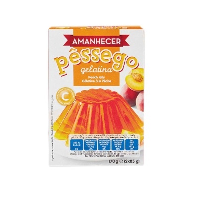 Embalagem de gelatina de pêssego Amanhecer com imagem do doce e pêssegos