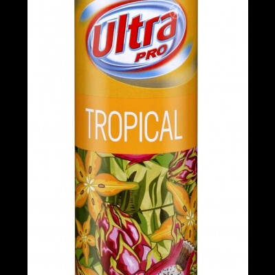 Frasco aerossol amarelo Ultra PRO Tropical com frutas tropicais e texto