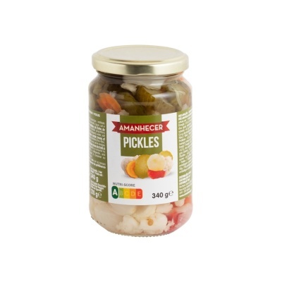 Frasco de pickles Amanhecer 340 g com rótulo verde e branco