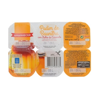 Pack de seis pudins de baunilha Amanhecer com molho de caramelo em embalagem plástica laranja