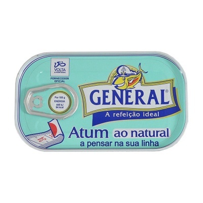 Lata de atum GENERAL azul claro com texto e selo VOLTA