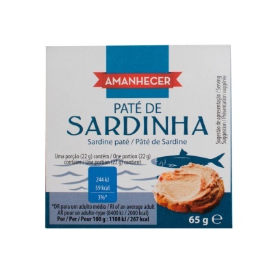 Embalagem de Paté de Sardinha Amanhecer com 65 g e imagem de tosta com paté