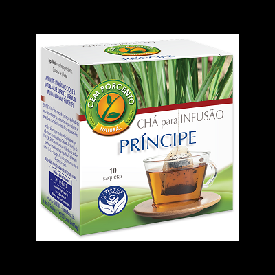 Caixa de chá para infusão Príncipe com 10 saquetas, design branco e verde e chávena com saqueta