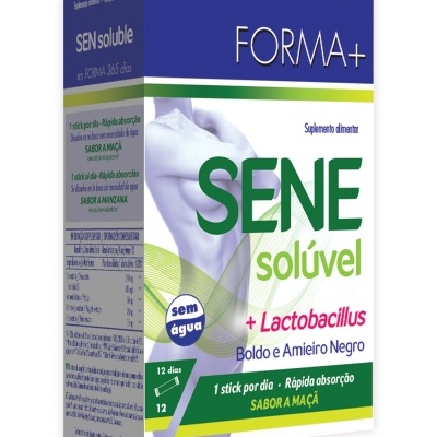 Embalagem do suplemento Sene solúvel Forma+ com texto e cores diversificadas