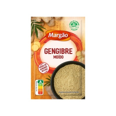 Embalagem de gengibre moído Margão com imagem de gengibre e recipiente com pó