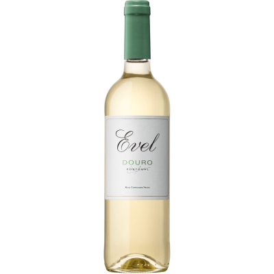 Garrafa de vinho branco Evel com rótulo branco e tampa verde.