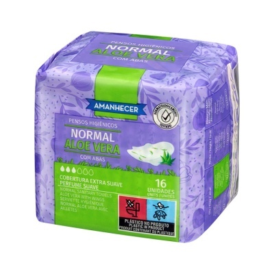 Pacote roxo de pensos higiénicos Amanhecer Normal Aloe Vera, 16 unidades, cobertura extra suave