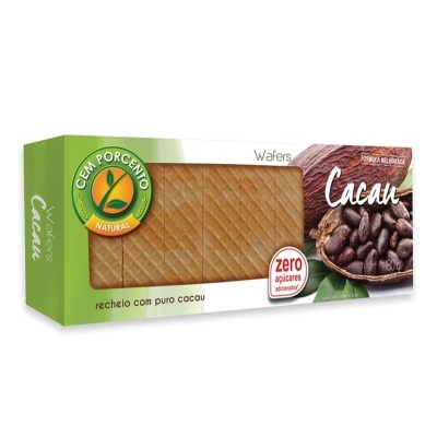 Embalagem de wafers sabor cacau com texto zero açúcares adicionados