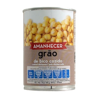 Lata de grão de bico cozido AMANHECER com imagem de grão de bico e informações nutricionais.