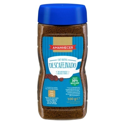 Frasco de café solúvel descafeinado Amanhecer com tampa azul e etiqueta azul