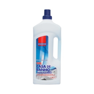 Frasco branco com tampa azul e rótulo colorido de gel anticálcario para casa de banho