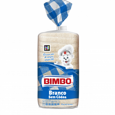 Embalagem de pão de forma branco Bimbo com padrão azul e branco e urso de chapéu de padeiro