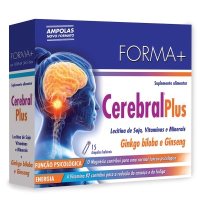 Embalagem azul e branca de suplemento alimentar FORMA+ Cerebral Plus com imagem do cérebro humano.
