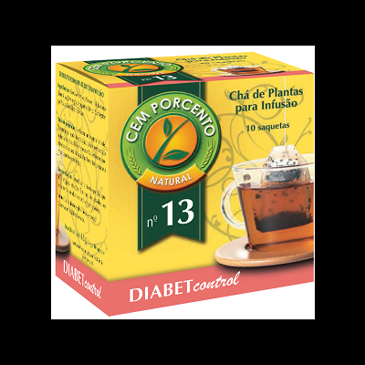 Caixa amarela de chá Cem Porcento Natural n.º 13 para infusão com 10 saquetas e texto DIABET control